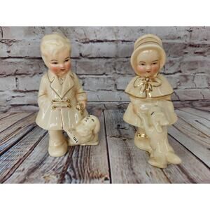 PAIR OF COVENTRY USA GLAZED CERAMIC BOY & GIRL WITH DOGS FIGURINES 5006A 5007A